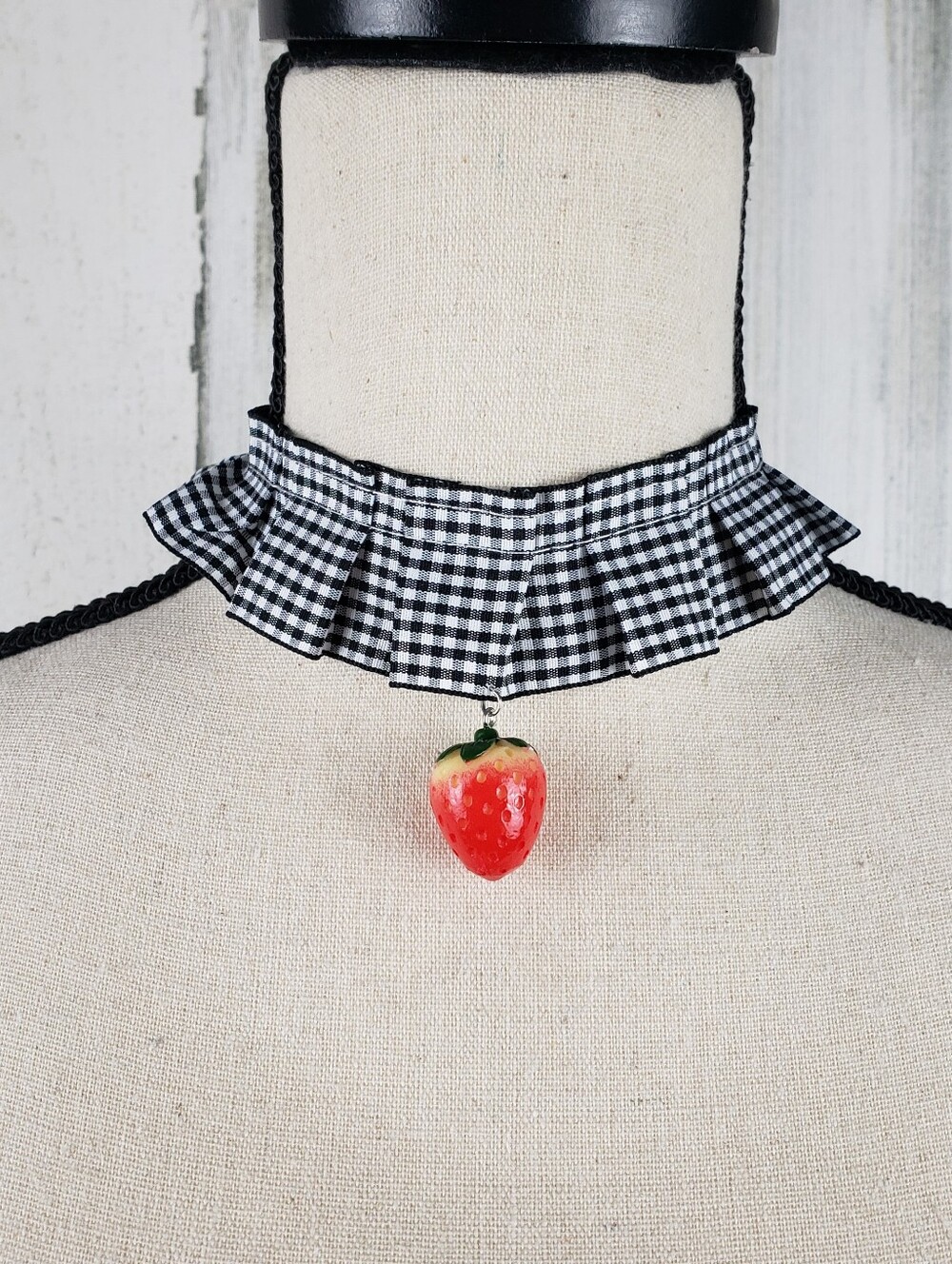 Black & White Gingham Ruffle Choker Necklace with Strawberry Charm